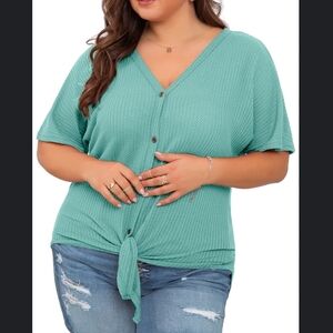 Teal Button-Down Knot Front Top Plus 3x Tie Cover Up Shirt Short Sleeve